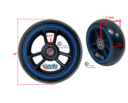 TRI RACER - 4" x 1.40" 3-Spoke Composite Mag Wheel, Black Wheel With Blue Strip/ Black Tire. Sold as Set of 2